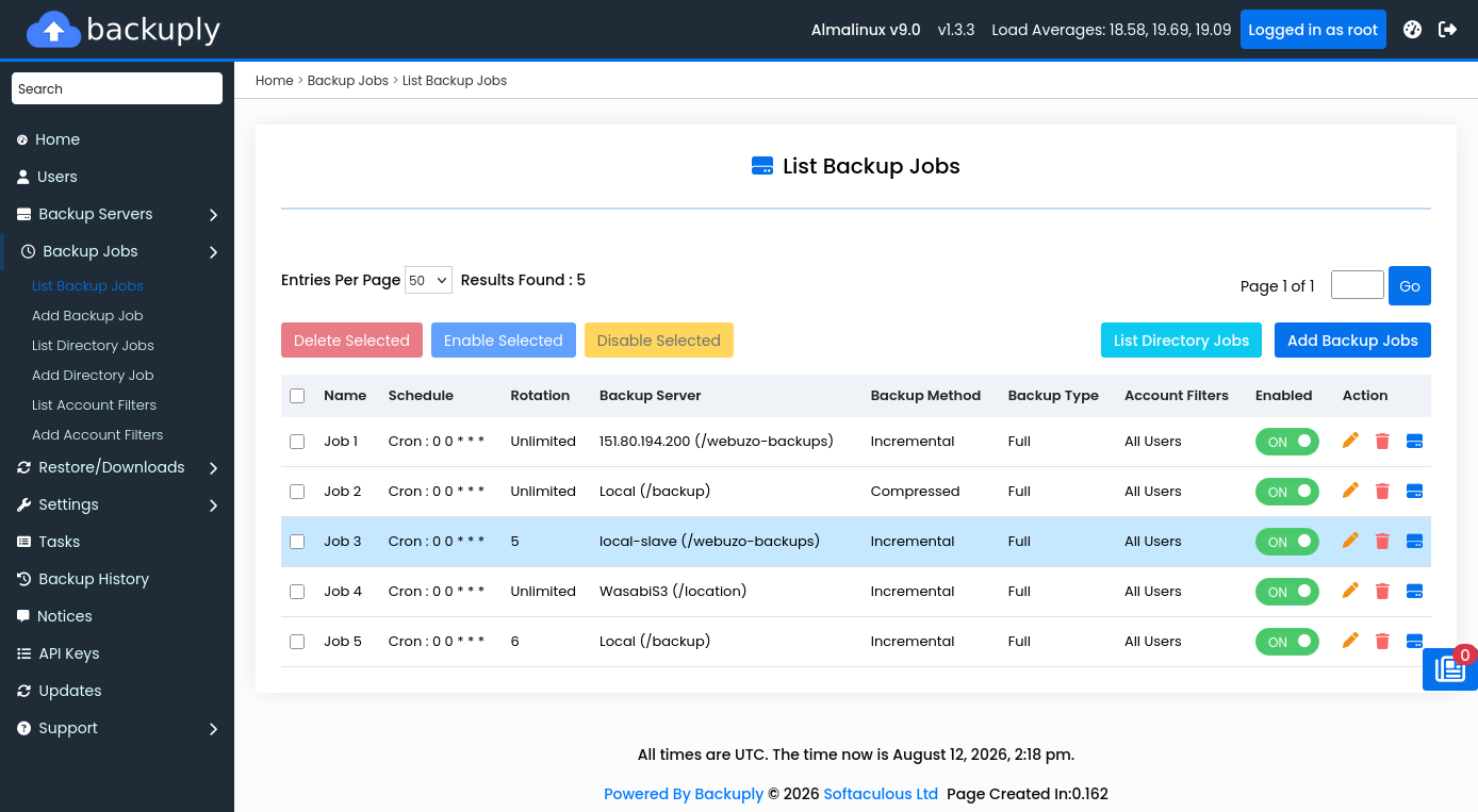 Backuply server backup jobs