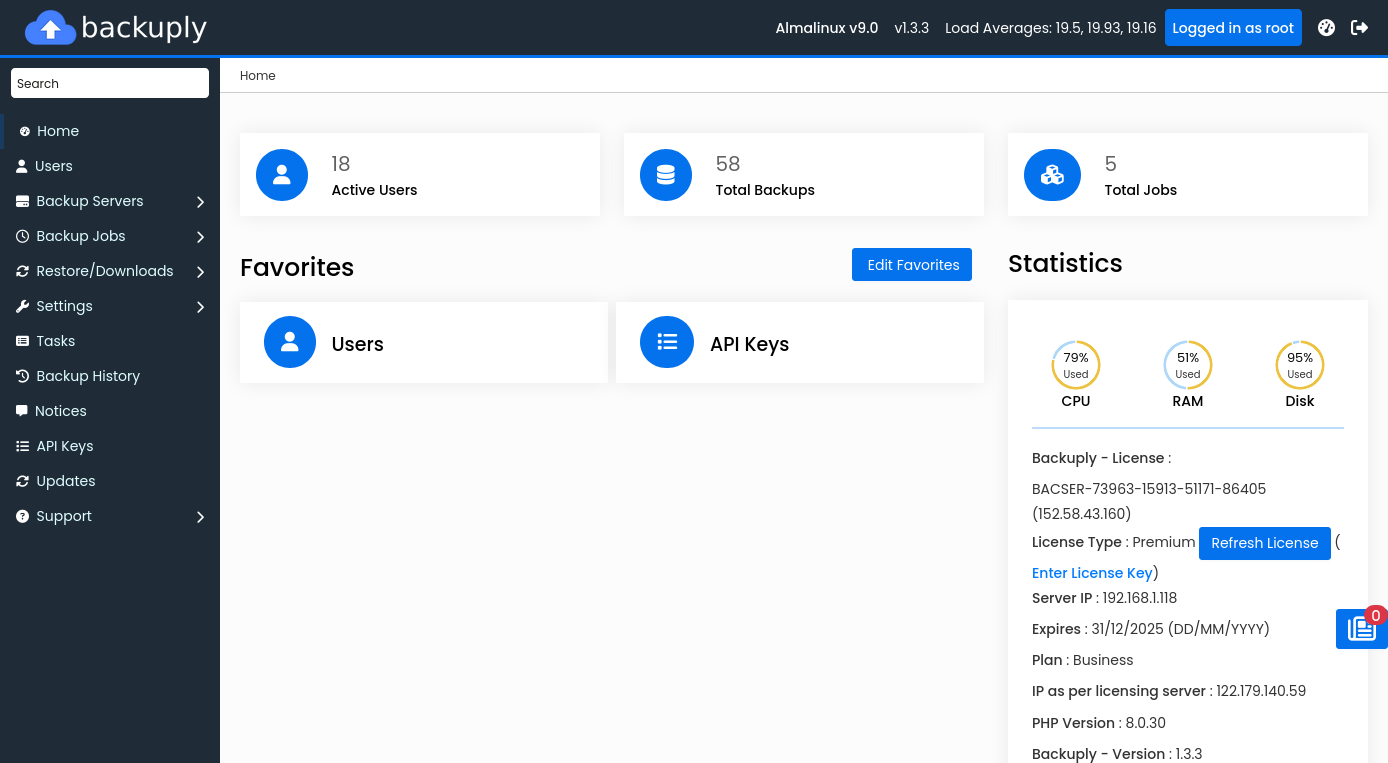 Backuply admin dashboard on Webuzo
