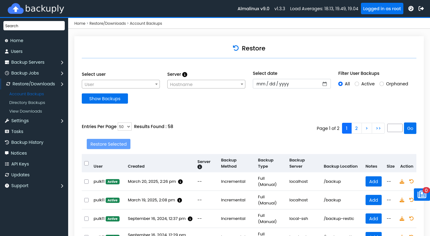Backuply restore interface
