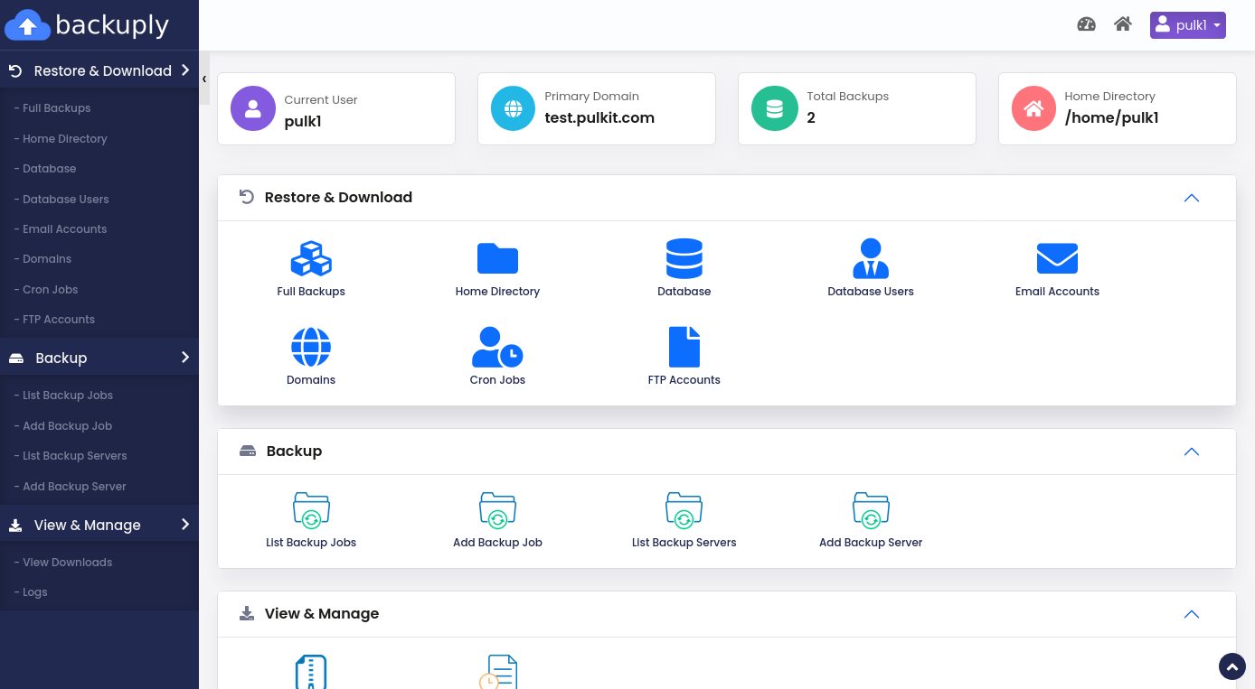 Backuply end-user panel dashboard