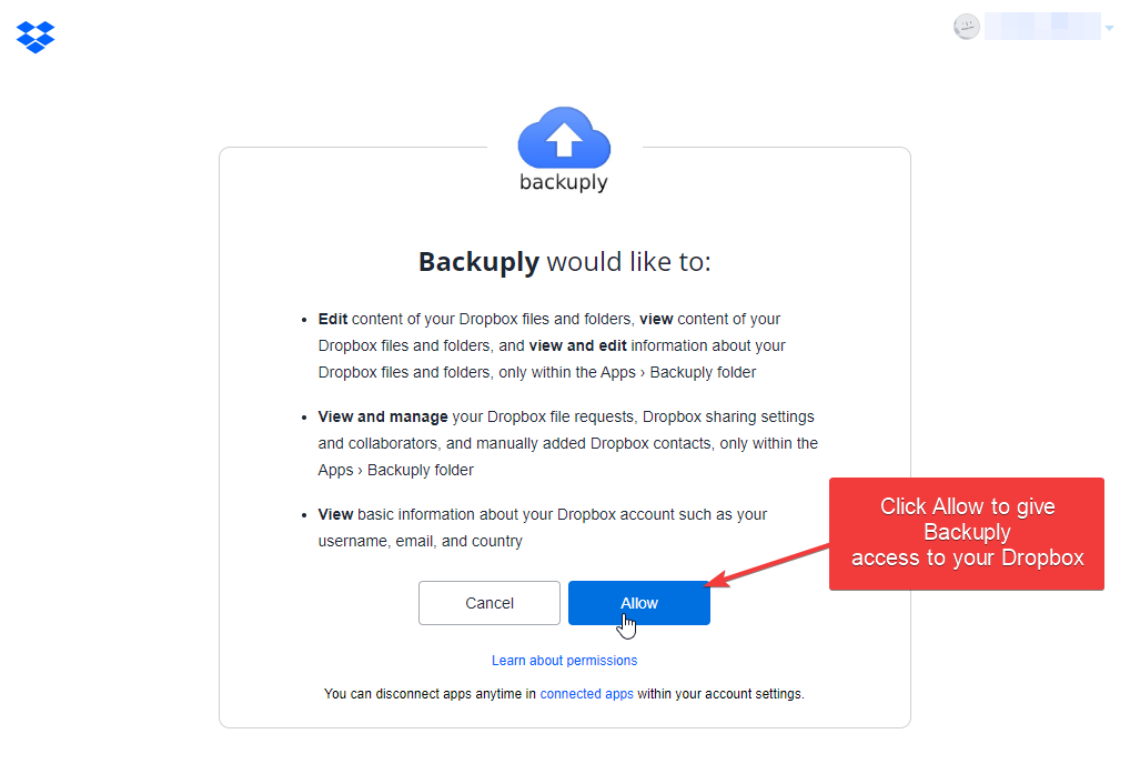 Dropbox allow access to Backuply App