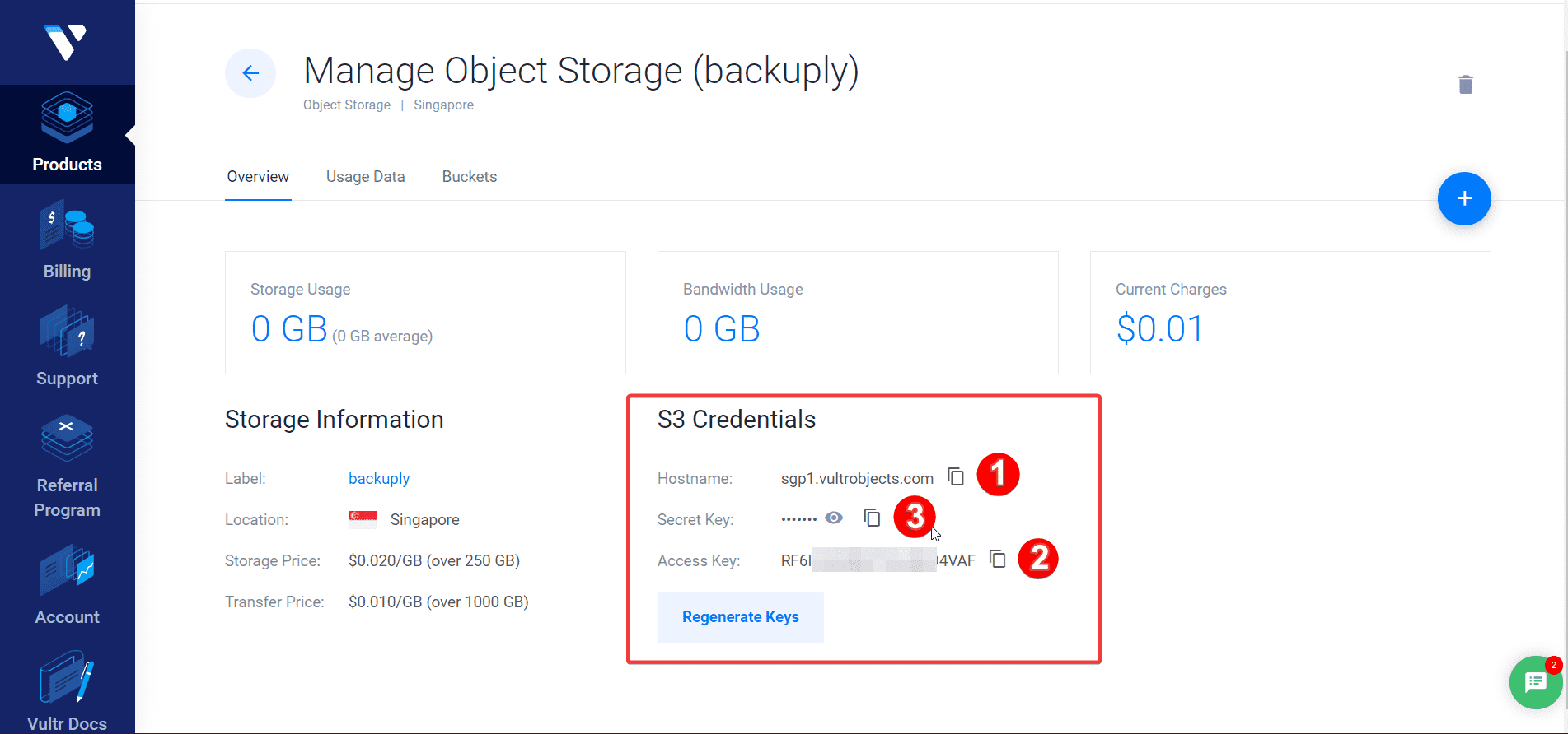Vultr Object Storage Creds