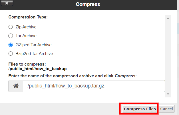 cPanel Compress Files