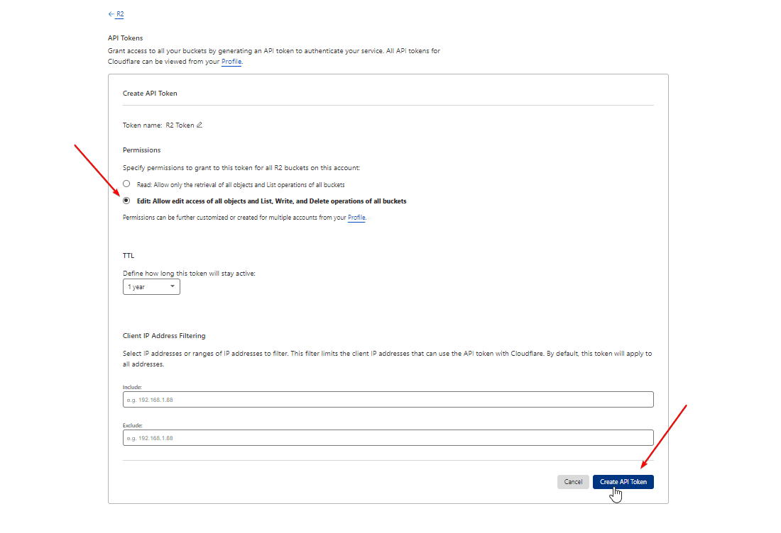 Cloudflare R2 API Token Form