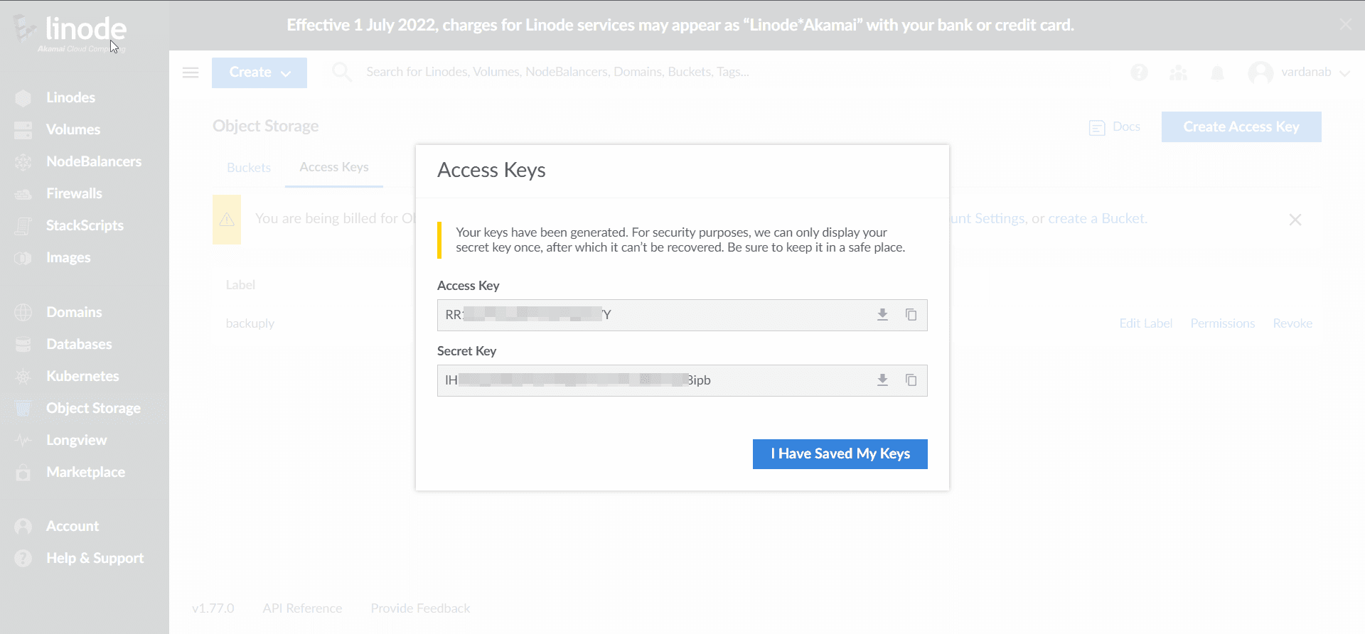 Linode Object Storage Access Key