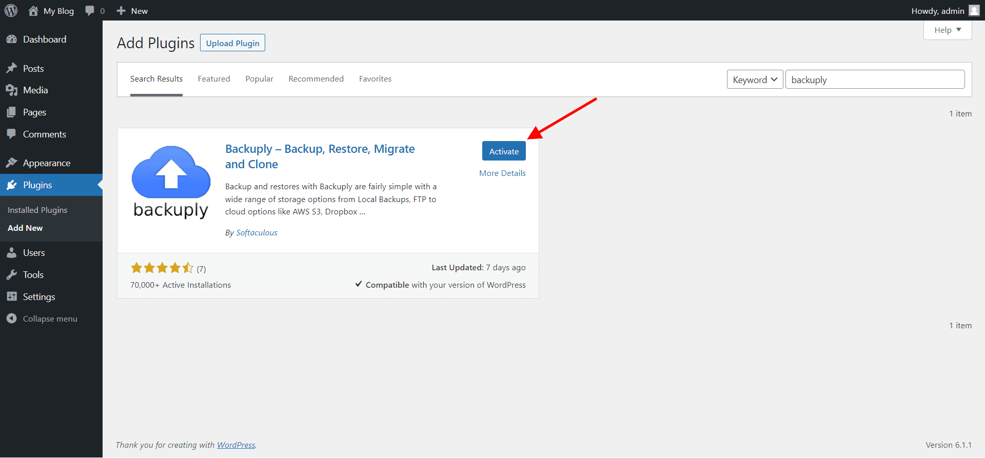 Activate Backuply WordPress Backup Plugin
