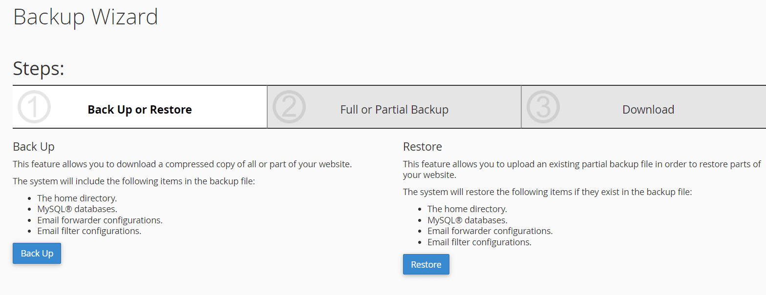 cPanel Backup Wizard Page