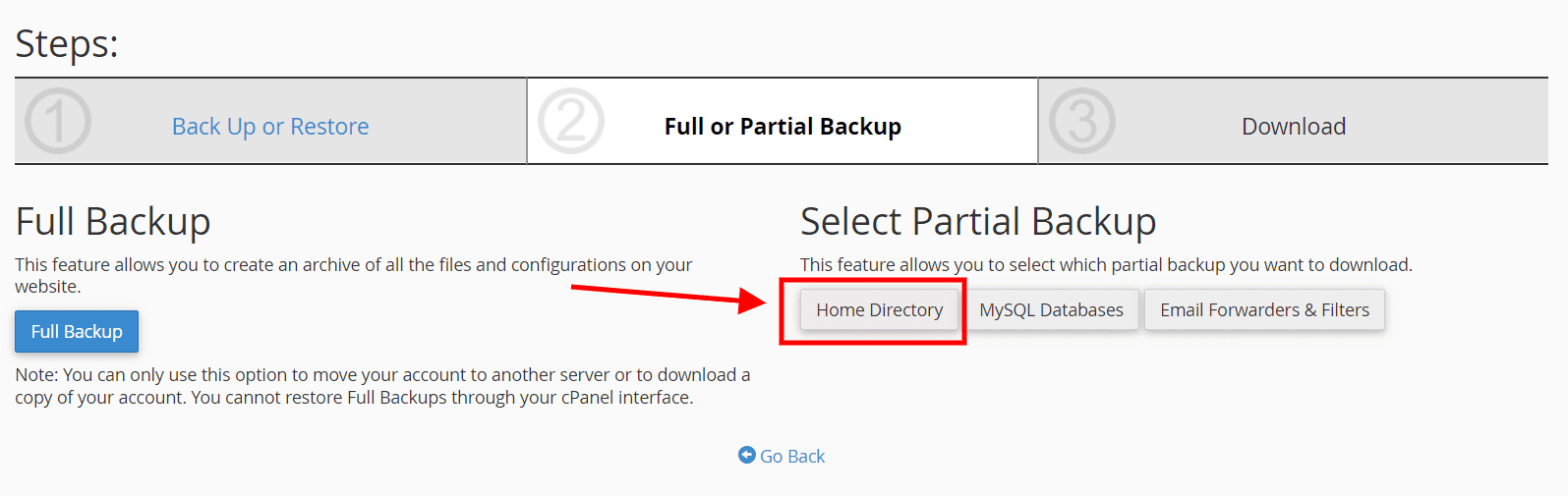 cPanel create home backup