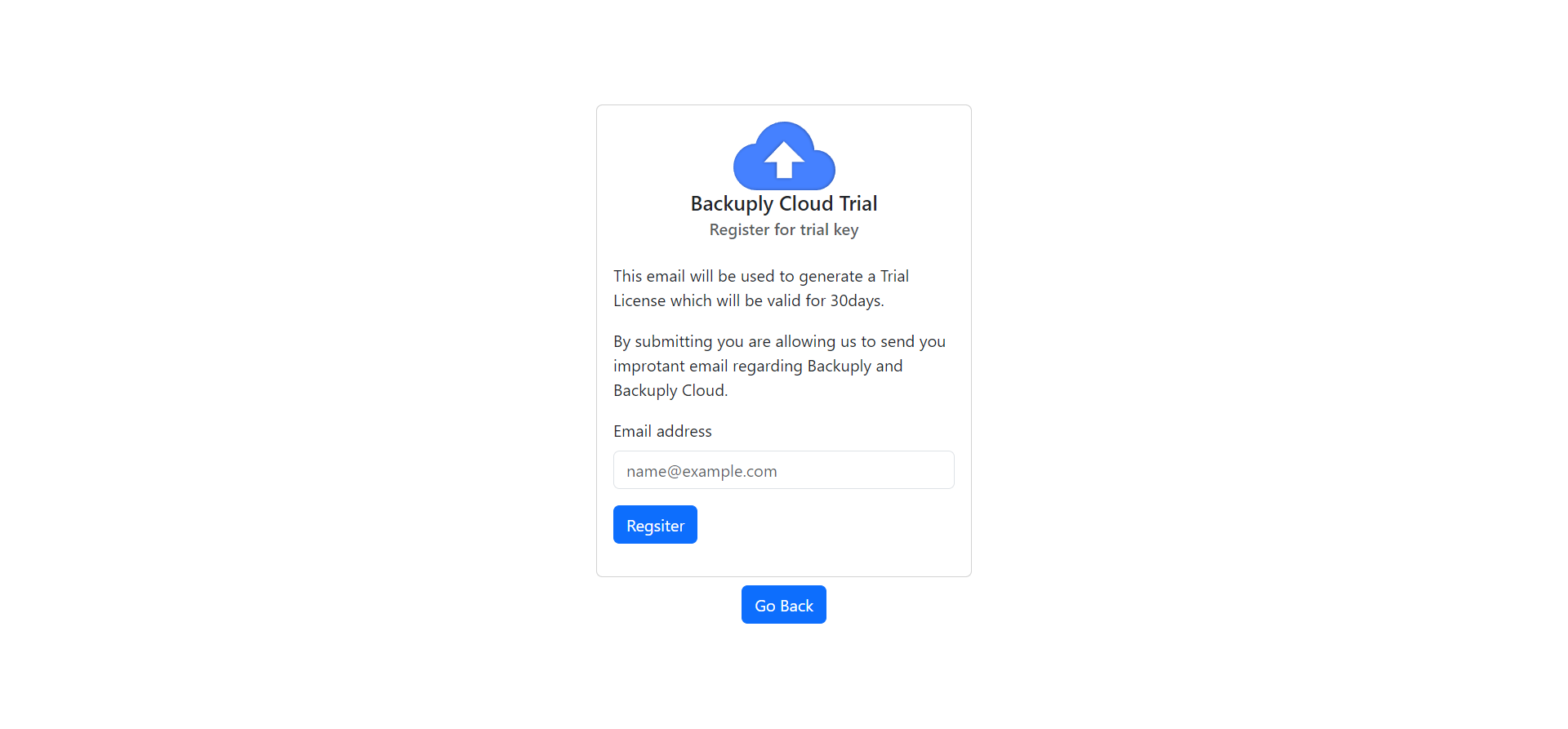 Backuply Cloud trial registration