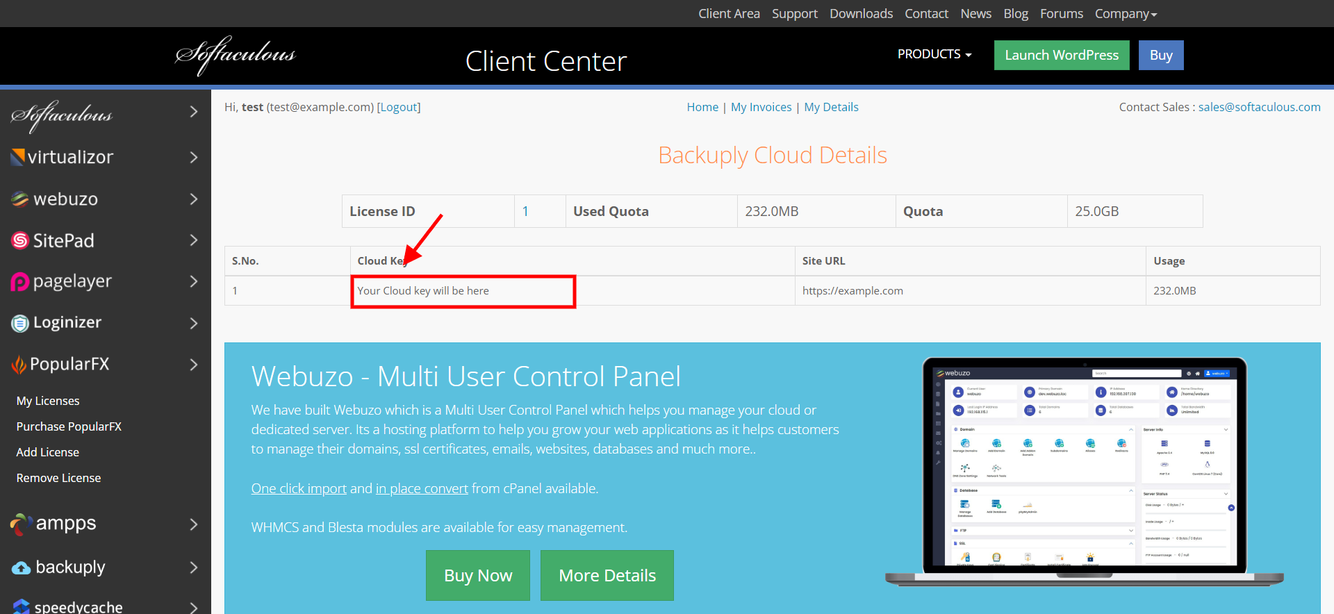 Backuply Cloud Key on Cloud details page