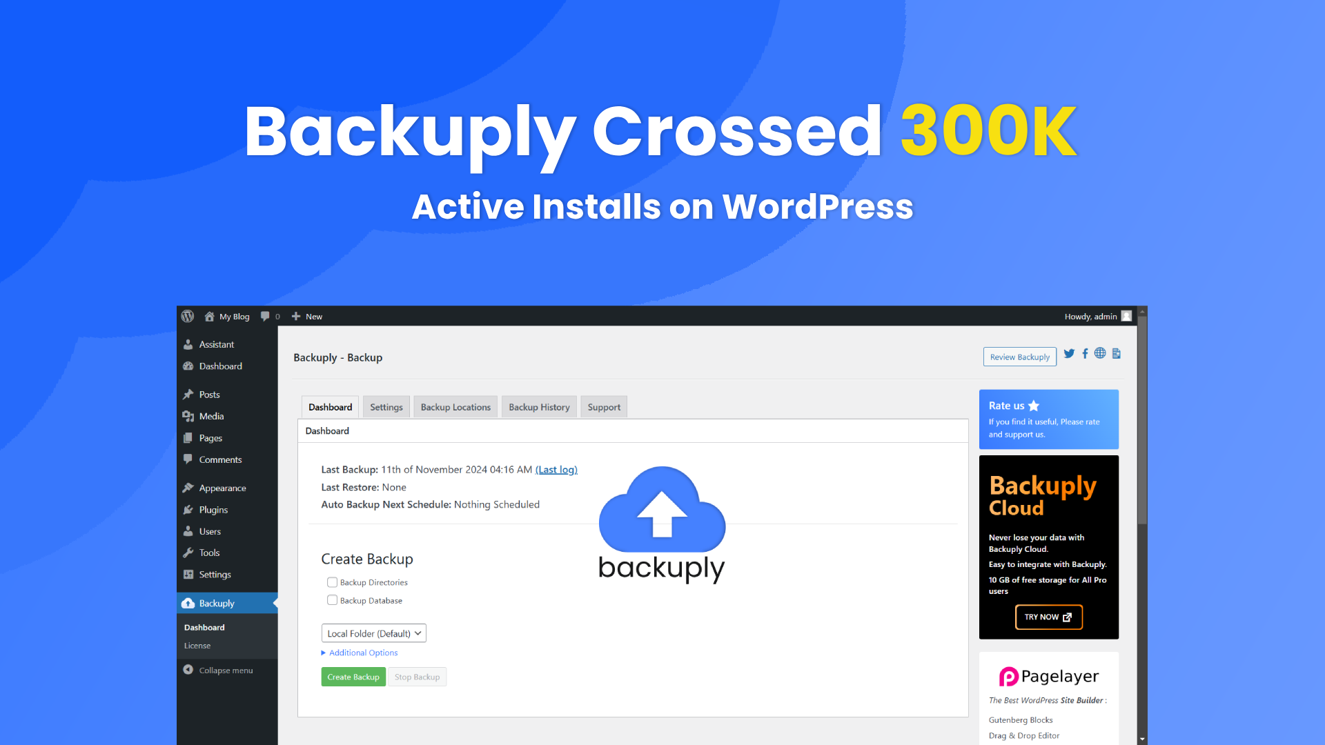 Featured image announcing Backuply crossing 300K active installations on WordPress