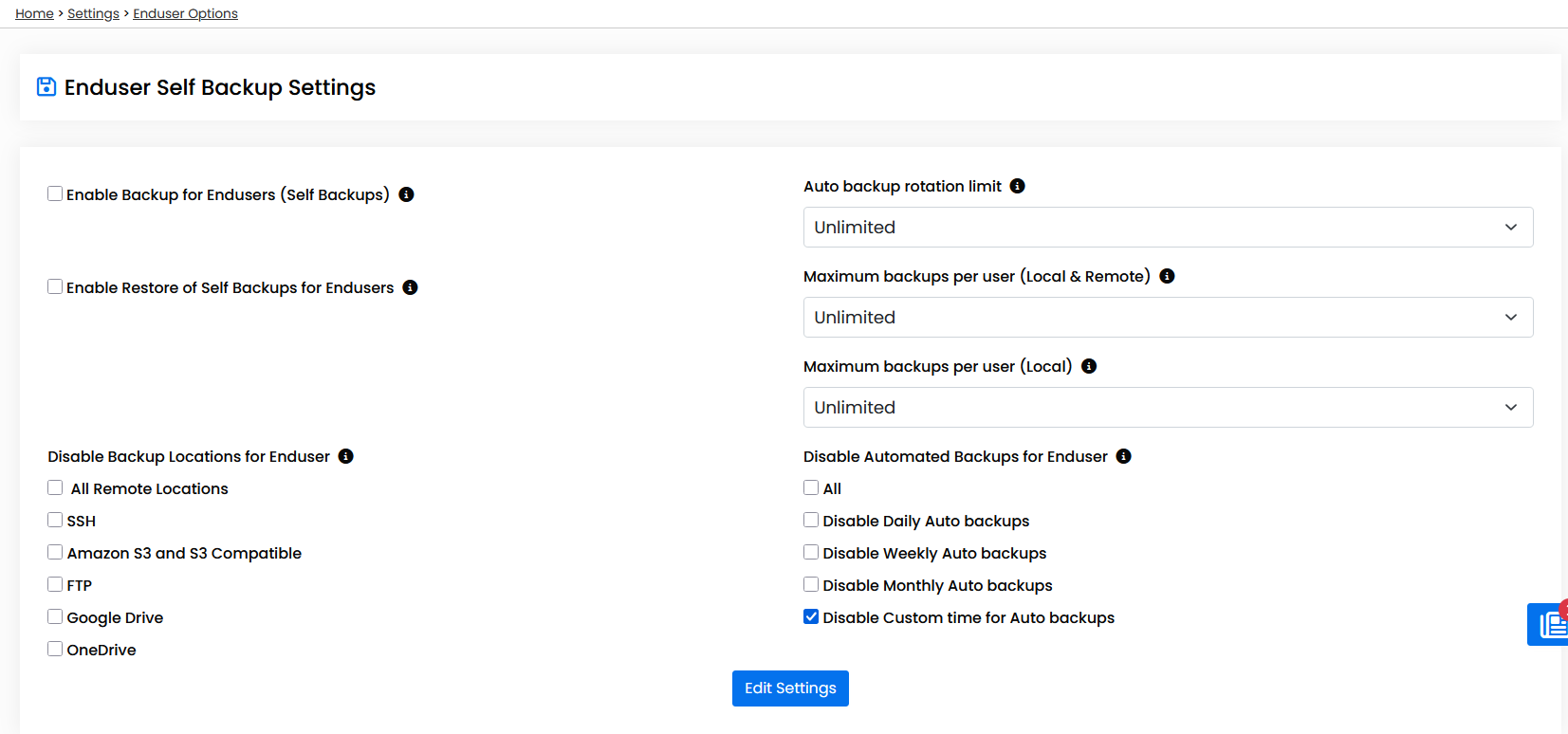 image Backuply settings, limits