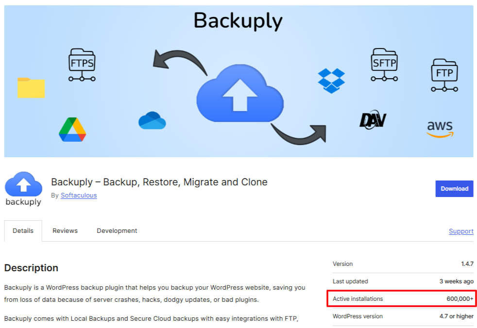 WordPress plugin page for Backuply showing 600K installs